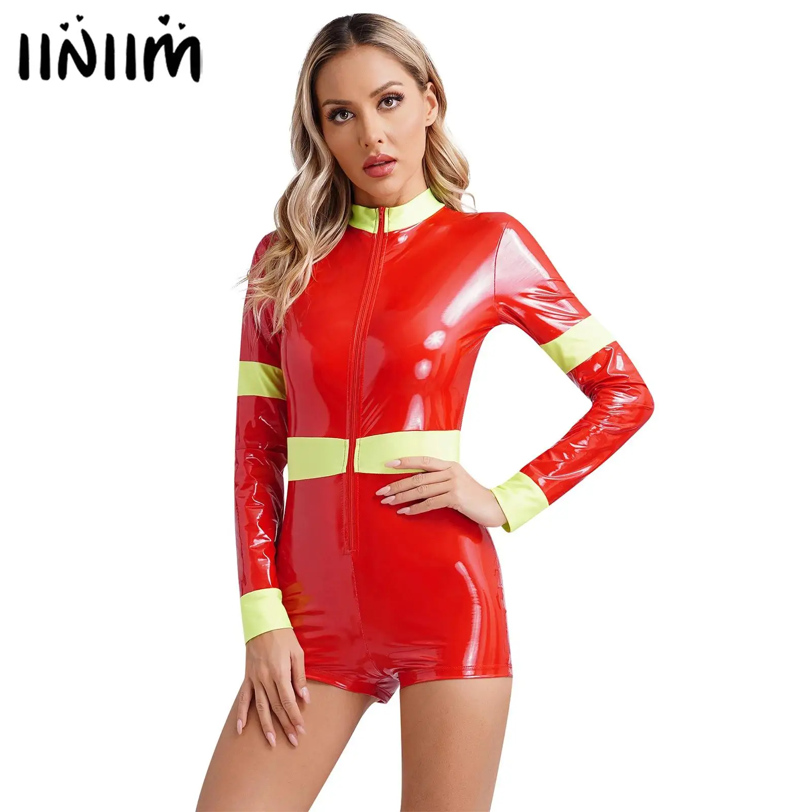 Womens Fancy Adult Fireman Costume Parade Firefighter Cosplay Outfits Front Zipper Boyshorts Bodysuit Patent Leather Rompers