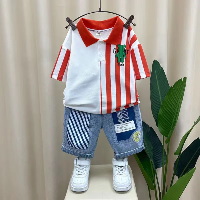 Baby Boys Cartoon Lapel Collar manga curta listrada camisa e shorts jeans, Boutique Sport Casual Clothing, novo, verão, 2pcs