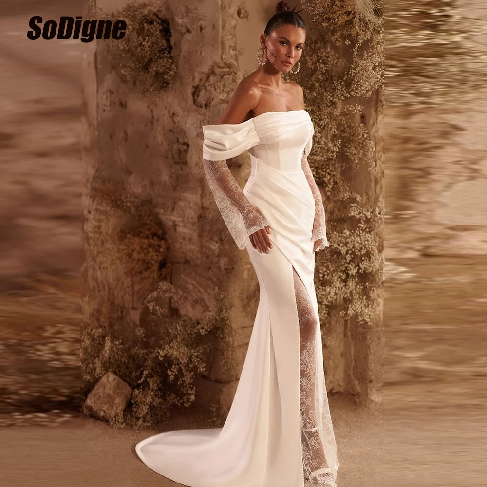 

SoDigne Mermaid Satin/Lace Wedding Dresses Off Shoulder Long Sleeves Bridal Gowns Boho Wedding Gown Robe De Mariee Customized