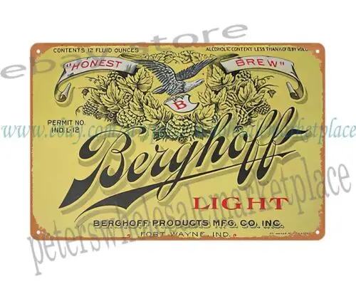 BERGHOFF LIGHT BEER brewery FORT WAYNE Indiana IRTP metal tin sign wall plaque