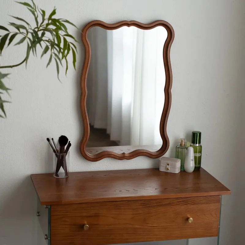French Vintage Wall Mirror with Walnut Frame - Decorative Bathroom & Vanity Mirror, Elegant Hanging Home Decor for Bedroom
