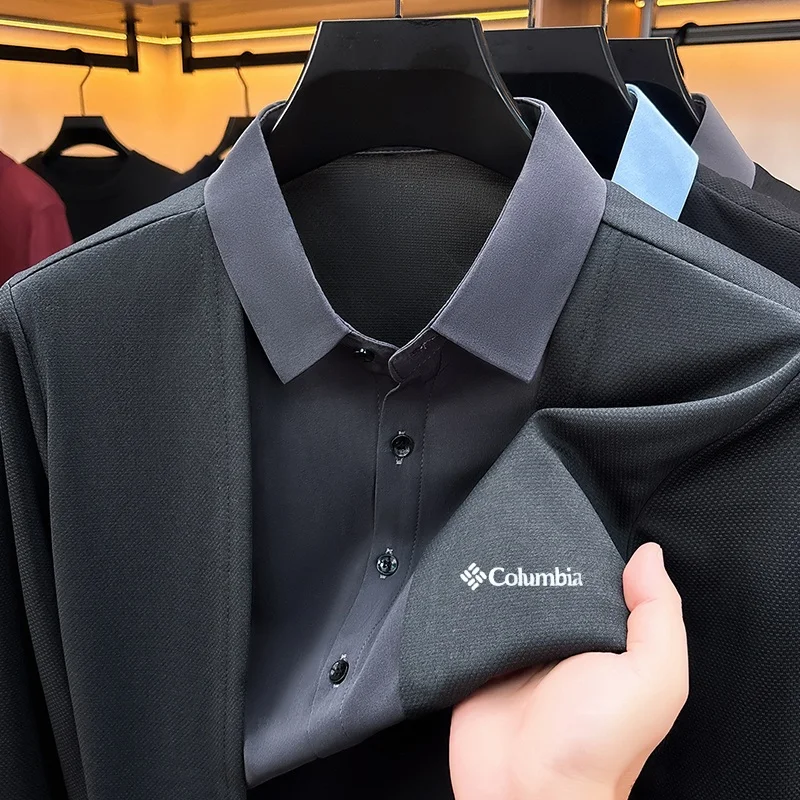Fashion Autumn Men's Long-Sleeved Polo Shirt Lapel Button Letter Stamp Fake Two-Piece Design Business British Style Men's Shirt