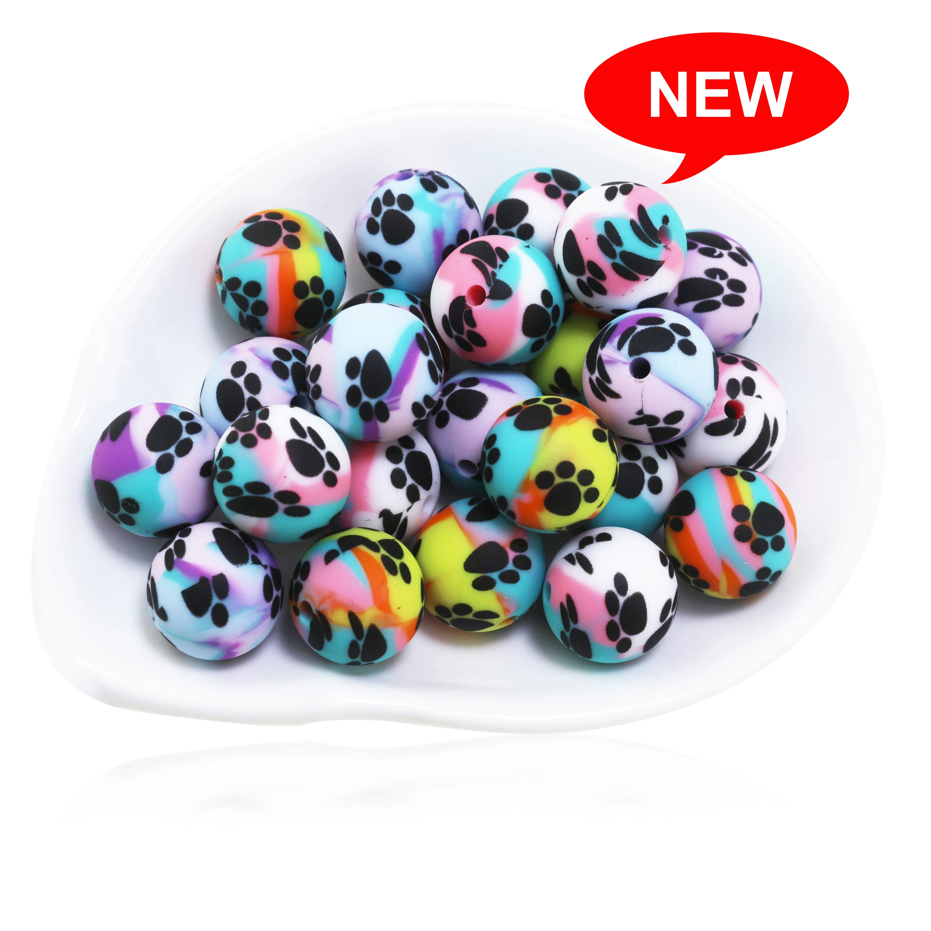 10pcs New Design Rainbow Swirl Branding Print Silicone Beads 14MM Paw Black Cow dot Pearl For Jewelry Necklaces Pen Beaded