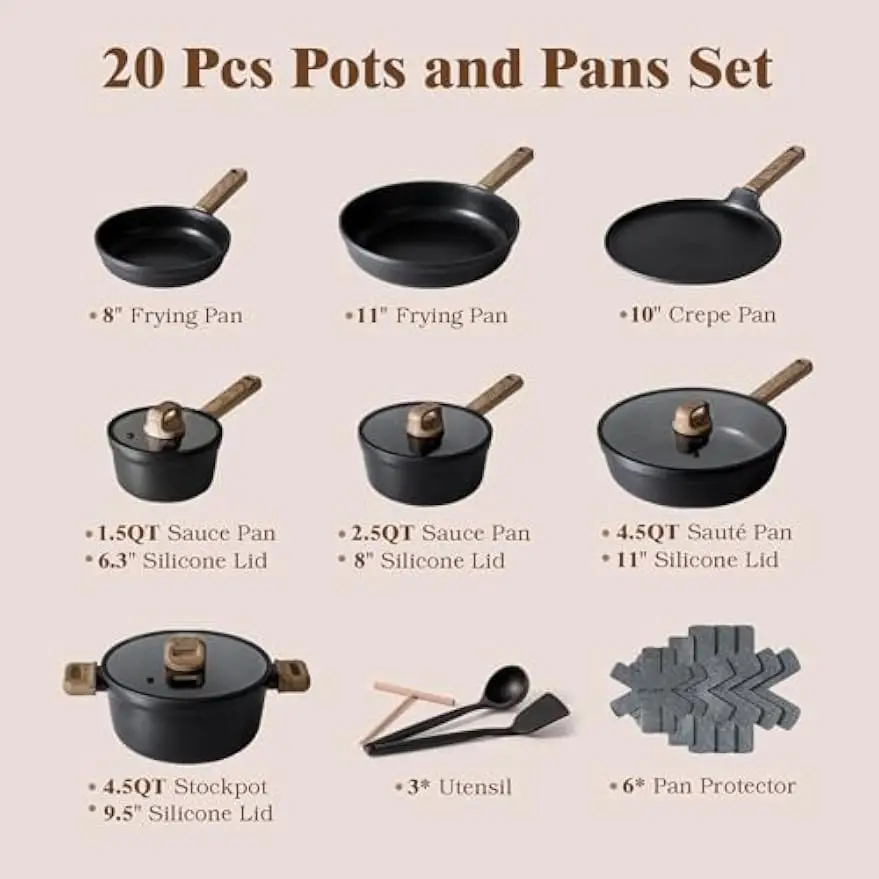 20Pcs Black Titanium Nonstick Pots Pans Cookware Set