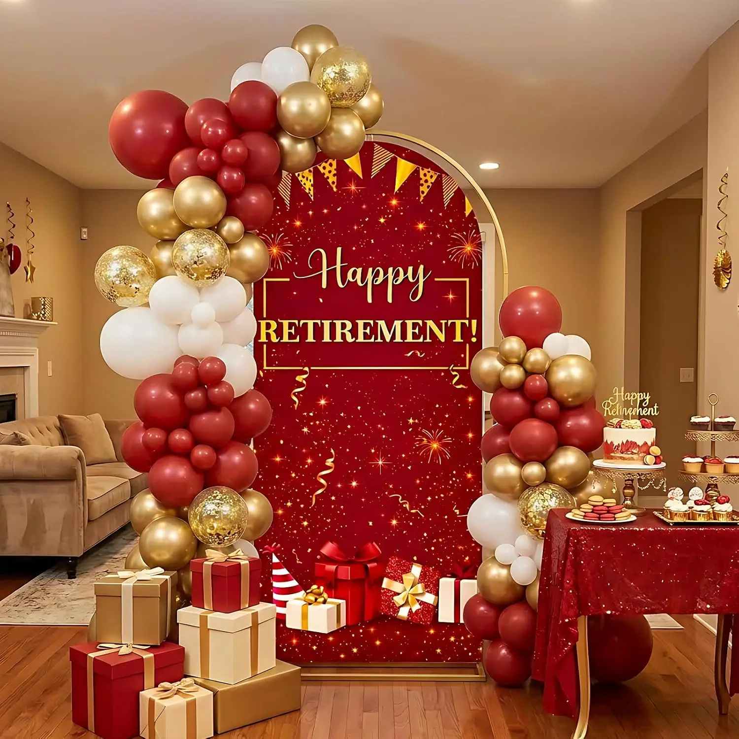 Custom 2-sided Red Retirement Photo Background Decor Women Coworker Goodbye Going Away Party Chiara Arch Backdrop Cover Supplies