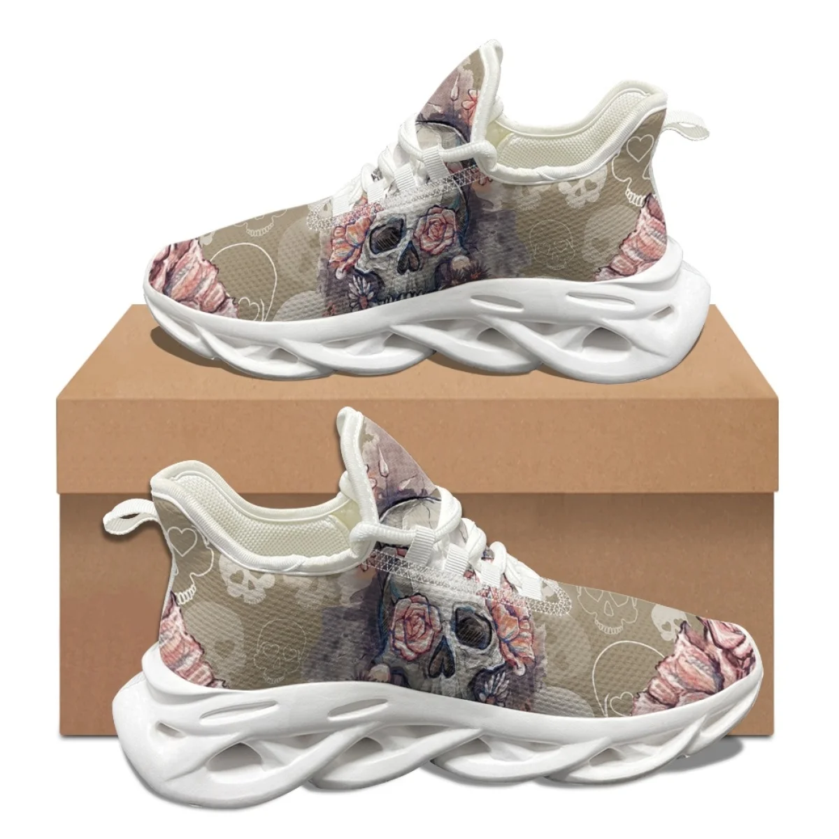 Zapatillas de deporte con estampado de calavera y flores para mujer, zapatos de malla resistentes a la suciedad, para correr, para viajes al aire libre, para otoño e invierno, regalo de Halloween