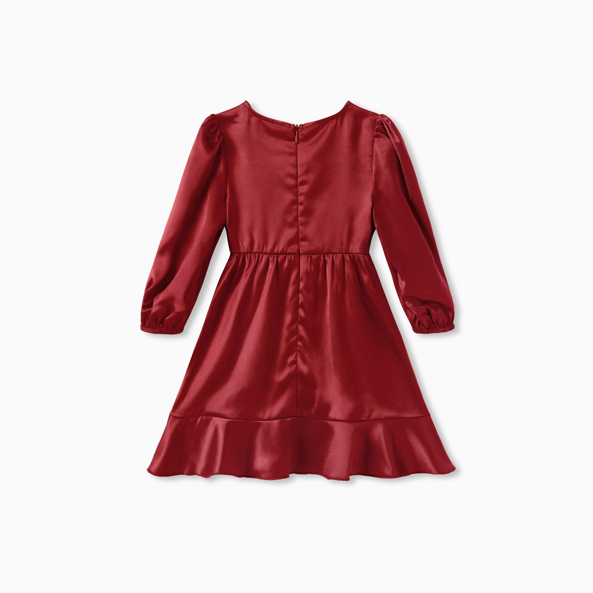 PatPat Papat Red Matching Family Outfits Silky Satin Long Puff Sleeves Dress or Plaid Shirt