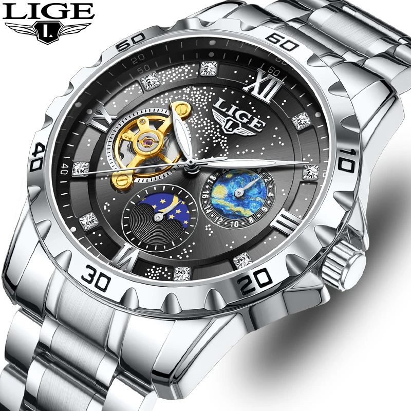 

LIGE Роскошные автоматические механические мужские часы, деловые модные часы с фазой Луны, водонепроницаемые повседневные часы со стальным ремешком для мужчин, хронограф