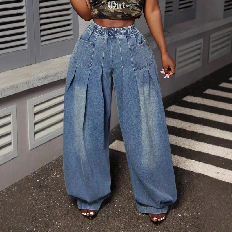 

GUWU 2026 Women Plus Size Pants Oversized Vintage Washed Blue Pleated Wide Leg Pants with Elastic High Waisted Lantern Jeans