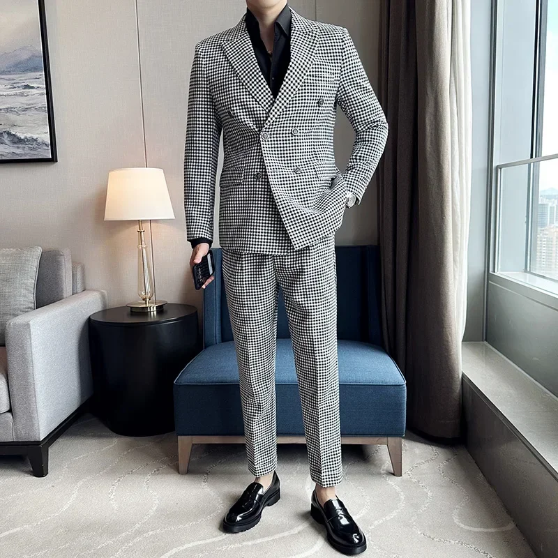 British Style Double Breasted Houndstooth Mens Suits 2 Pieces Wedding Tuxedos Vintage Fit Formal Groom Wear Tweed Jacket+Pants