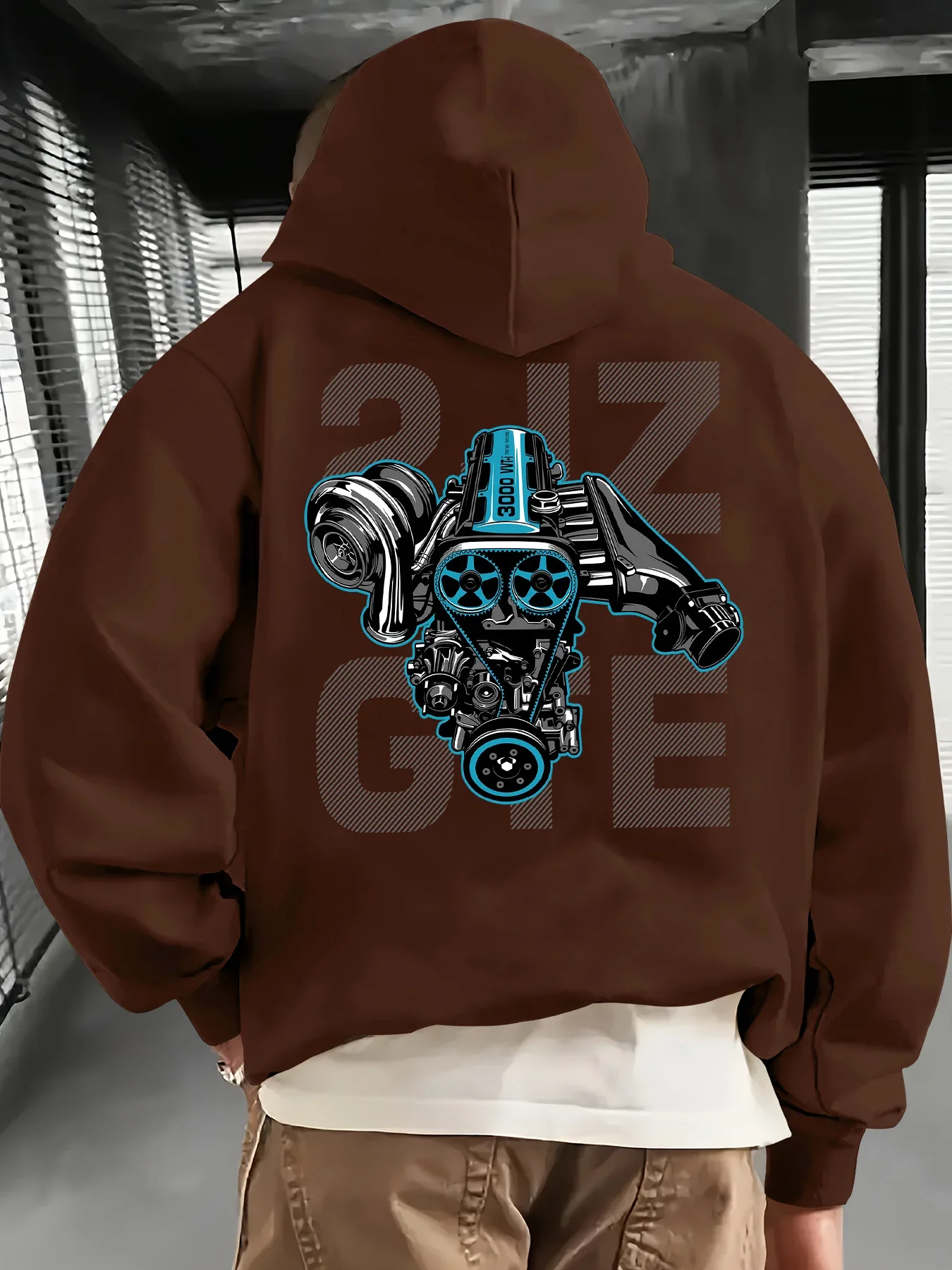 Unisex Turbo Engine Hoodie Racing Motor Mechanical Graphic Back Print Pullover Sweatshirt JDM Car Enthusiast Streetwear