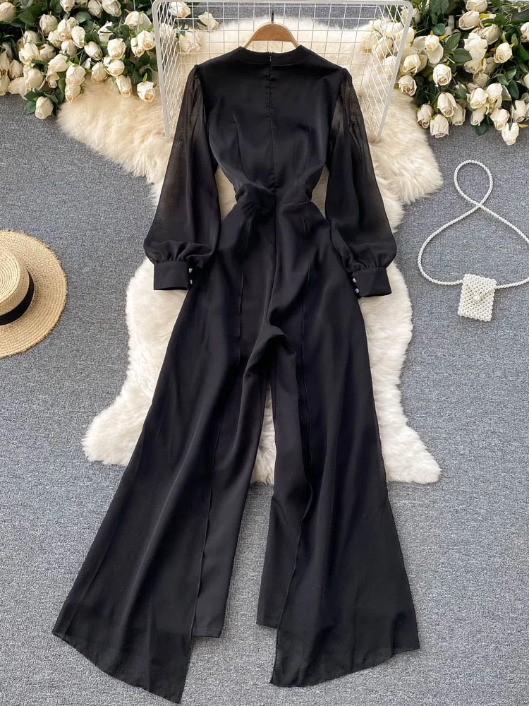 EWQ Elegant Style Chic Jumpsuit Women V-neck Long-sleeve Mesh Patchwork Solid Color Female Jumpsuits Autumn 2023 New 27SN3727