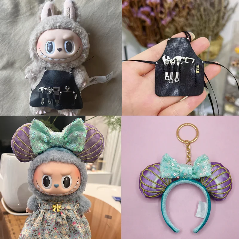 17cm Labubu Fashion Repair Tool Apron Cute Bow Sequin Headband Mini Skateboard Labubu Feather Angel Wings Doll Accessories Gift