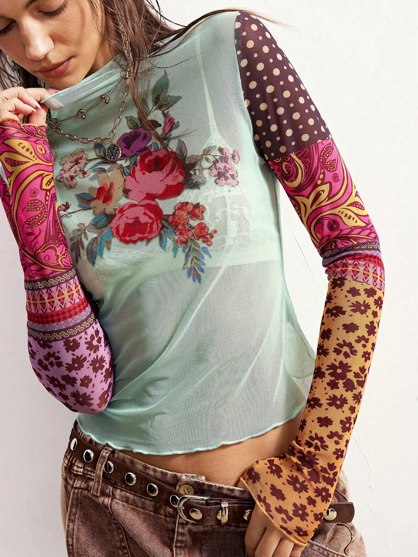 

Women's Sheer Floral Print Color Block Long Sleeve Top with Stand Collar