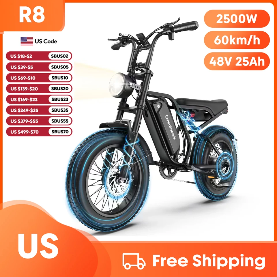 Electric Bicycle Moped Style Electric Bike 2500W Peak Motor 48V 25Ah Battery 20x4 Fat Tire Full Suspension Moto E-bike R8 image 1