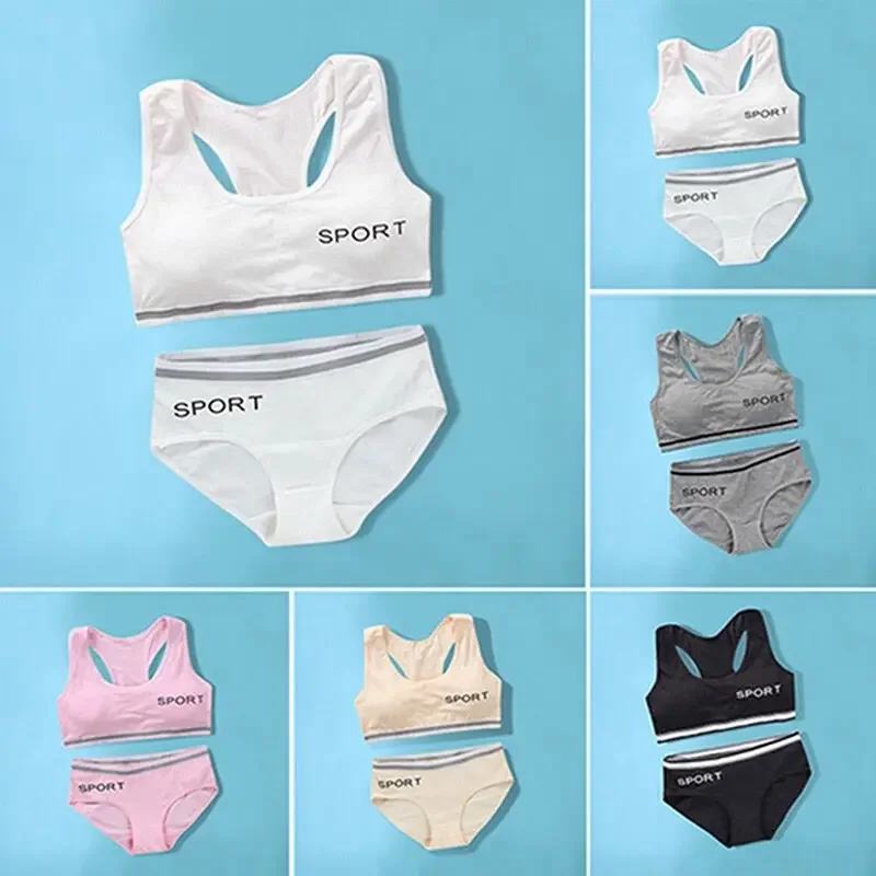 Girls Underwear Bra Set Vest Development Teens Suit Pure Cotton Vest Double Layer Hipster Puberty