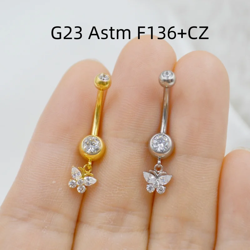 10PCS Body Jewelry-G23 Titanium Astm F136 Butterfly CZ Smart Navel Button Body Piercing 14G Navel Curve Barbells Belly Rings New