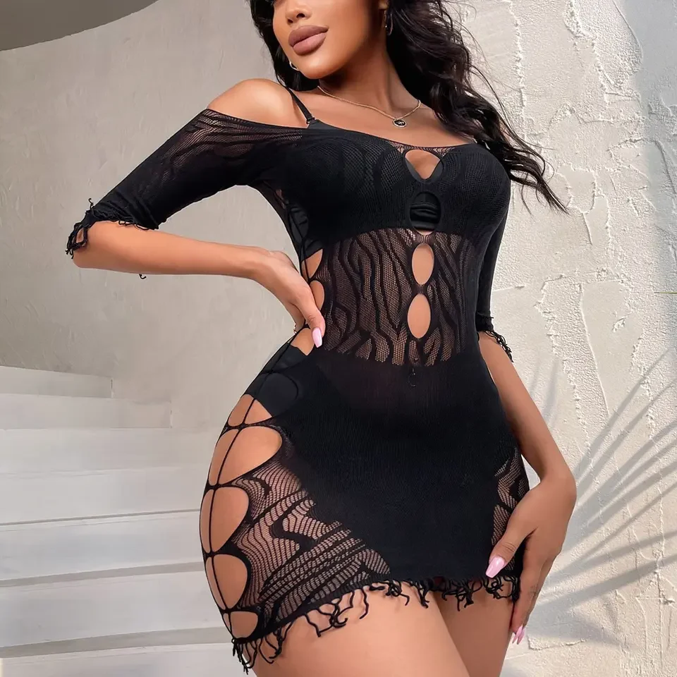

Women Hollow Out Mesh Body stockings Sexy Long Sleeve Black Lingerie Fishnet Dress