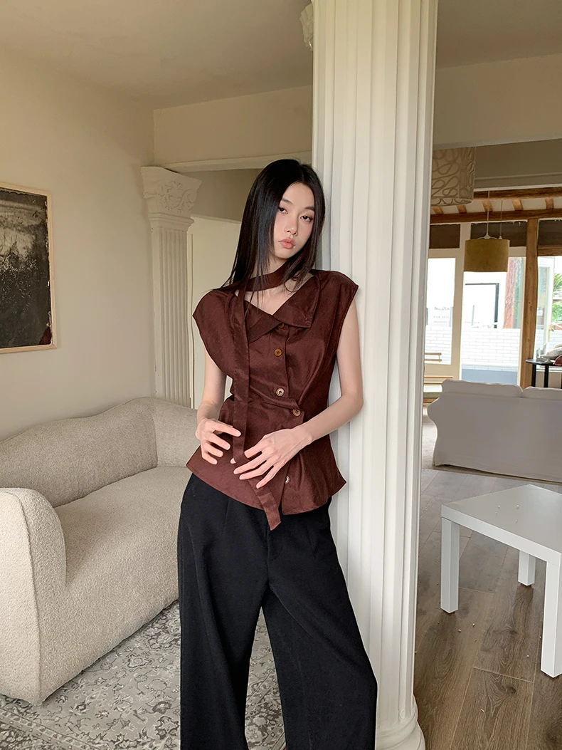 CHEERART Designer Brown Sleeveless Shirts & Blouses Women Button Up Ribbon Summer Top Woman 2024 Trending Fashion Clothes