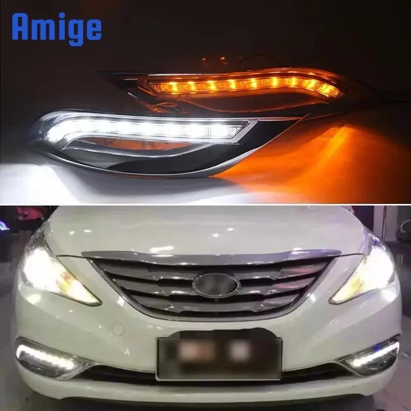 

Car DRL LED 12V Daytime Running Lamps For Hyundai Sonata G8 2011 2012 2013 2014 Auto Daylights Yellow Turn Signal12V Car Foglamp