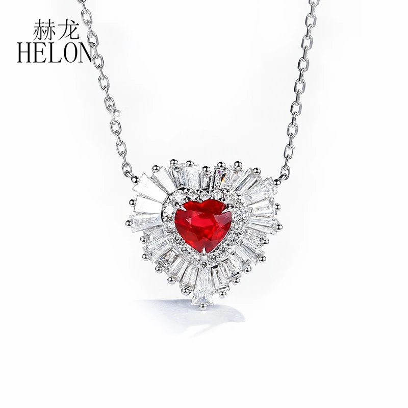 HELON Solid 18K AU750 White Gold Heart Shape Genuine Ruby Diamonds  Necklaces Pendant Women collarbone chain Jewelry custom