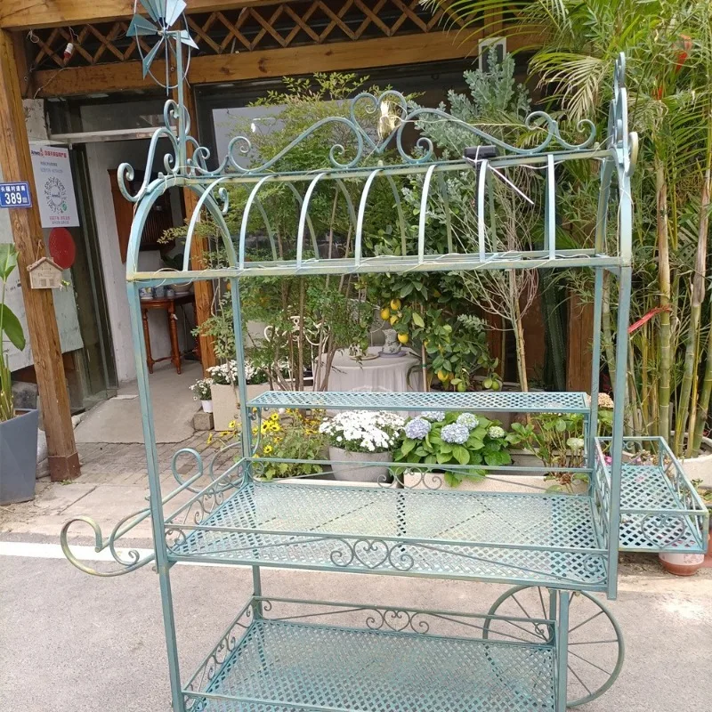 Garden large flower stand, two-layer cart flower stand, old flower stand