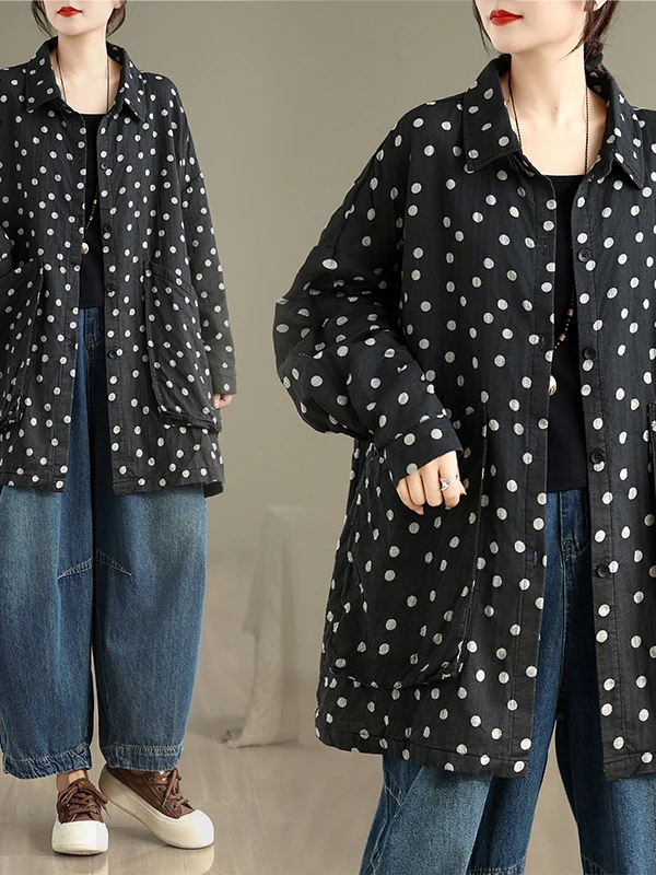 

Повседневная винтажная женская куртка в корейско-японском стиле с воротником-стойкой, в горошек, свободного кроя, длинная, дышащая, удобная верхняя одежда