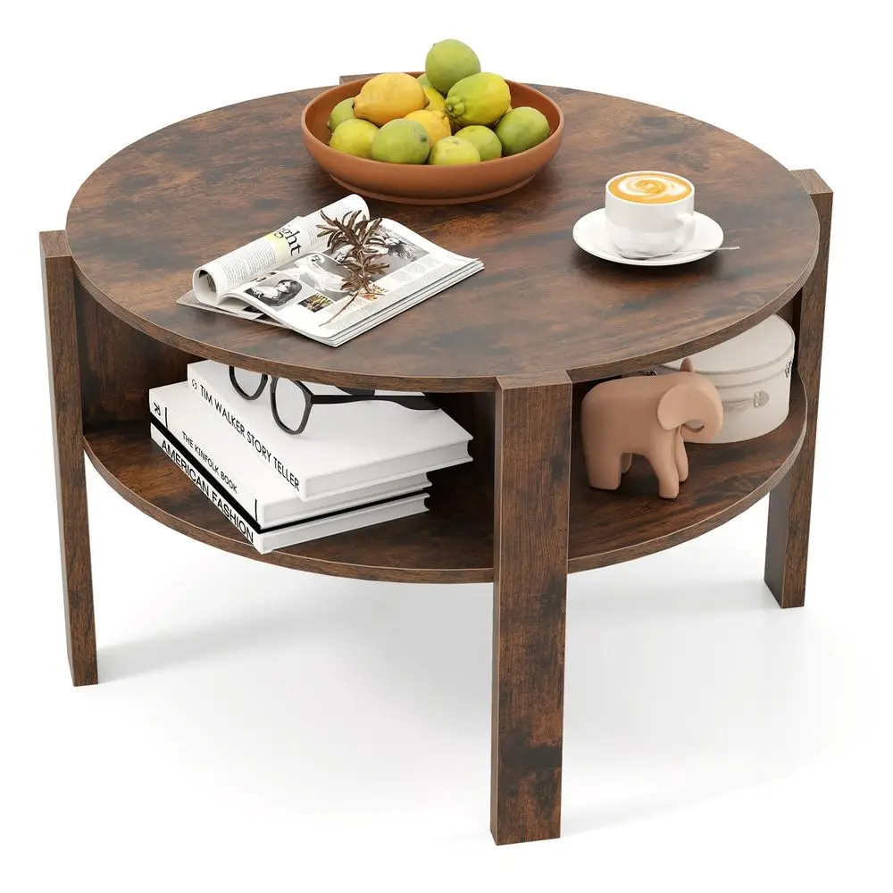 74cm Round Coffee Table, 2Tier Cocktail Center Accent Tea End Sofa Side Table with 4 Open Storage Shelves for Living Room Bedro
