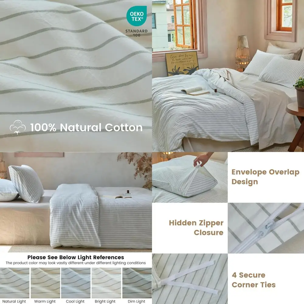 

King Size 100% Cotton Striped Duvet Cover Set - 3-Piece Breathable & Durable Bedding with White-Sage Green Stripes