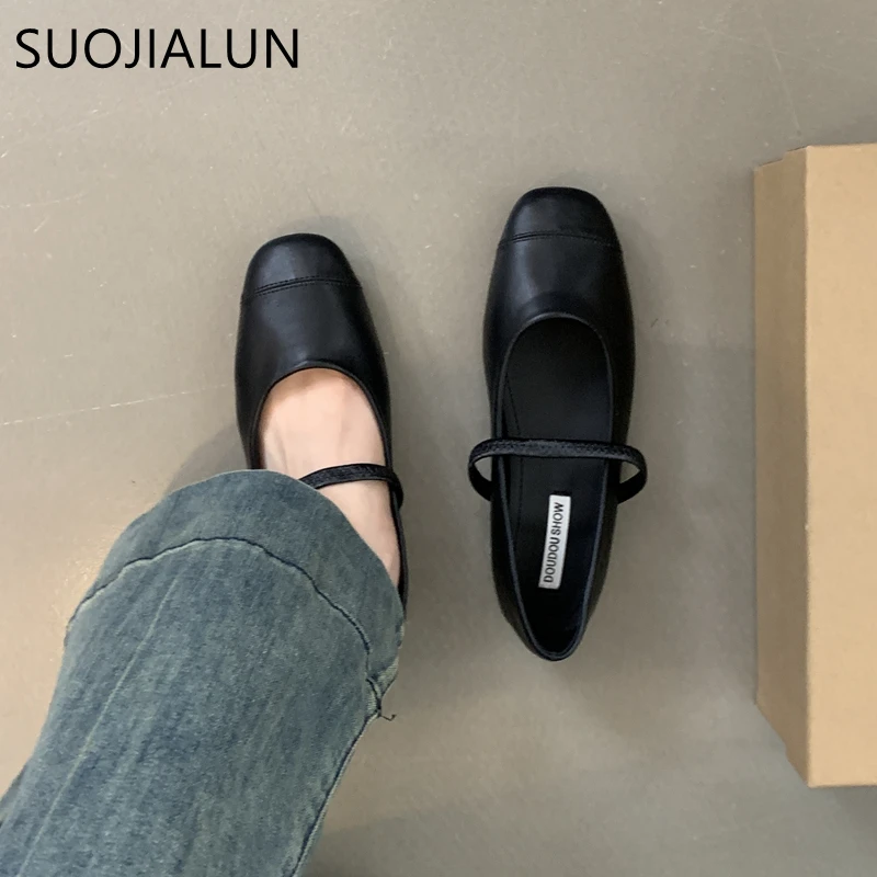 SUOJIALUN 2024 Autumn Women Flat Shoes Ladies Eelgant Round Toe Sahllow Slip On  Ballerinas Shoes Soft Sole Casual Mary Jane Sho