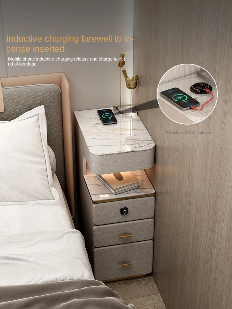 Gray Three-Drawer Bedside Table High Wireless Charging with Lock Three-Bucket Cabinet