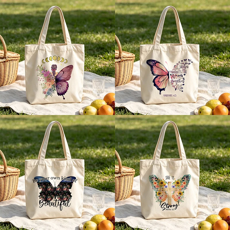 Personalized Butterfly Canvas Tote Bags Custom Names Watercolor Floral Cute Grocery Shopping Bags Reusable for Women Girls Gifts