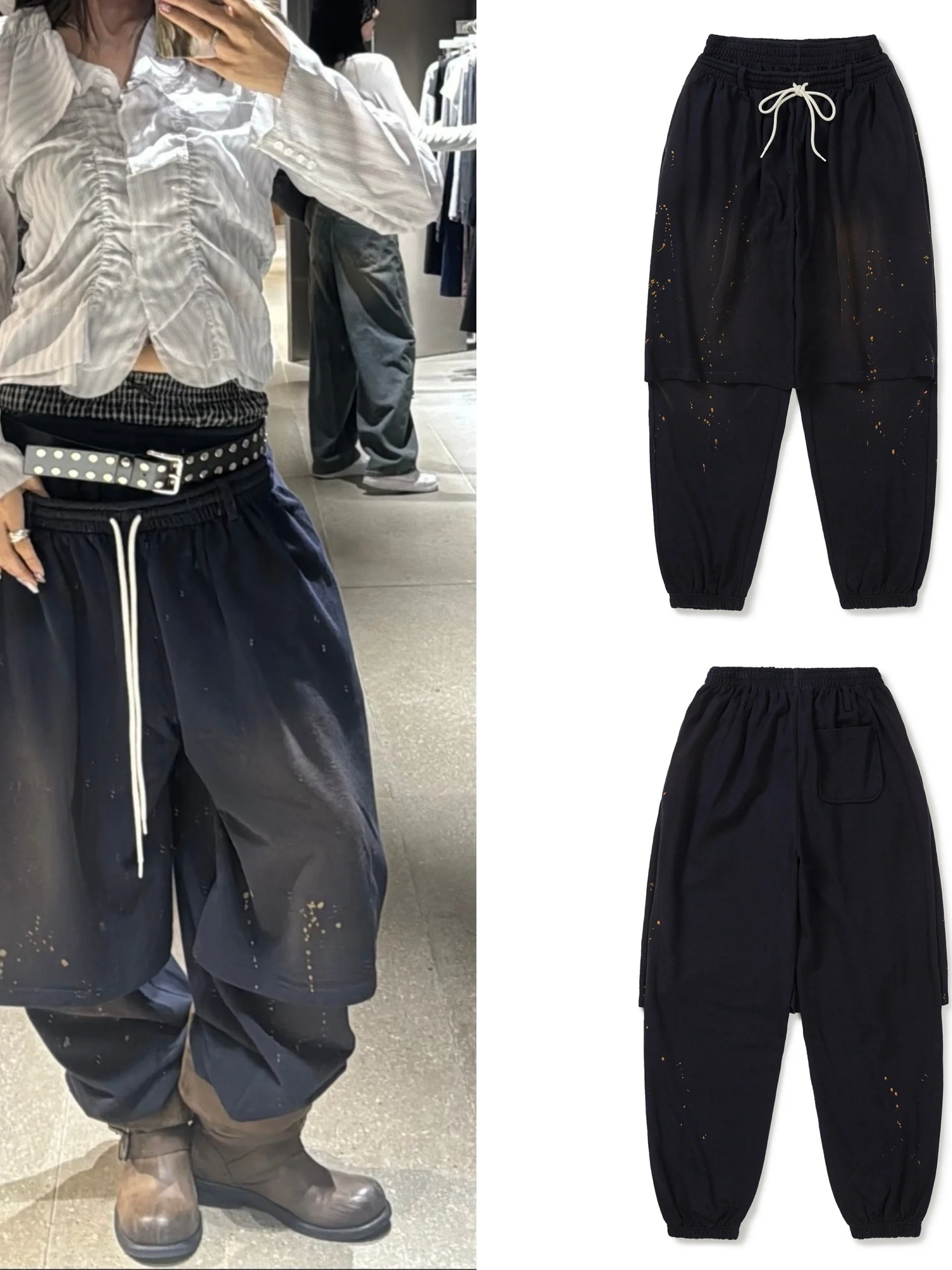 

New 2026 Loose Fit Drawstring Casual Pants Ink Splatter Weathered Color Rubbing Long Trousers Street Style Ladies Sweatpants