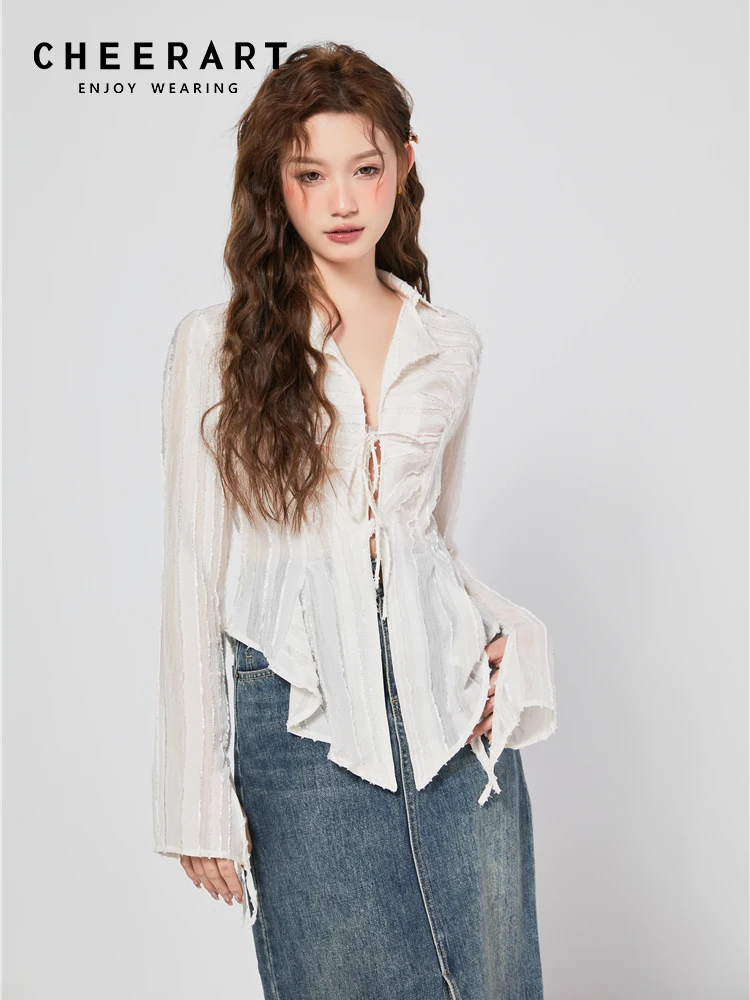 CHEERART Bandage Chiffon Long Sleeve Shirts & Blouses Designer Top For Women 2023 Collar Shirt Fashion Trendingclothes