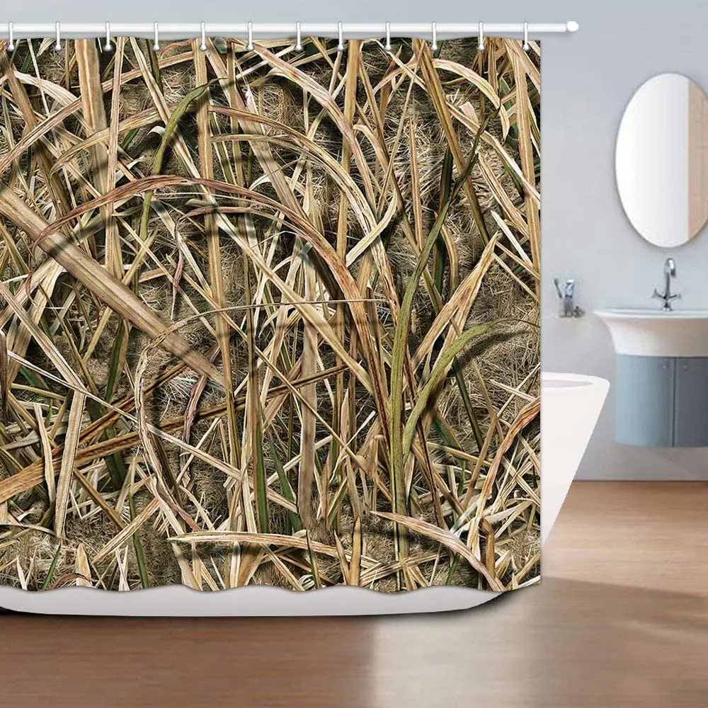 Hunting Camo Shower Curtain Mossy Shadow Grass Blades Fabric with Hooks Countryside Rural Hunting Theme Bathroom Curtains