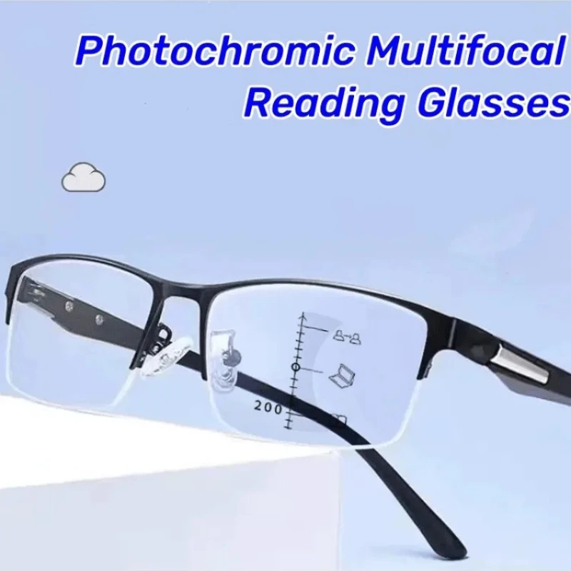 2024 Multifocal Photochromic Reading Glasses Anti-blue Light Far Sight Glasses Men's Half Frame Business Presbyopia Glasses