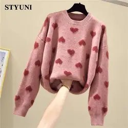 Pink Heart Mink Cashmere Soft Winter Knitted Women's Sweater Round Neck Korean Fashion Long Sleeve Chic Female Jumpers Sweaters