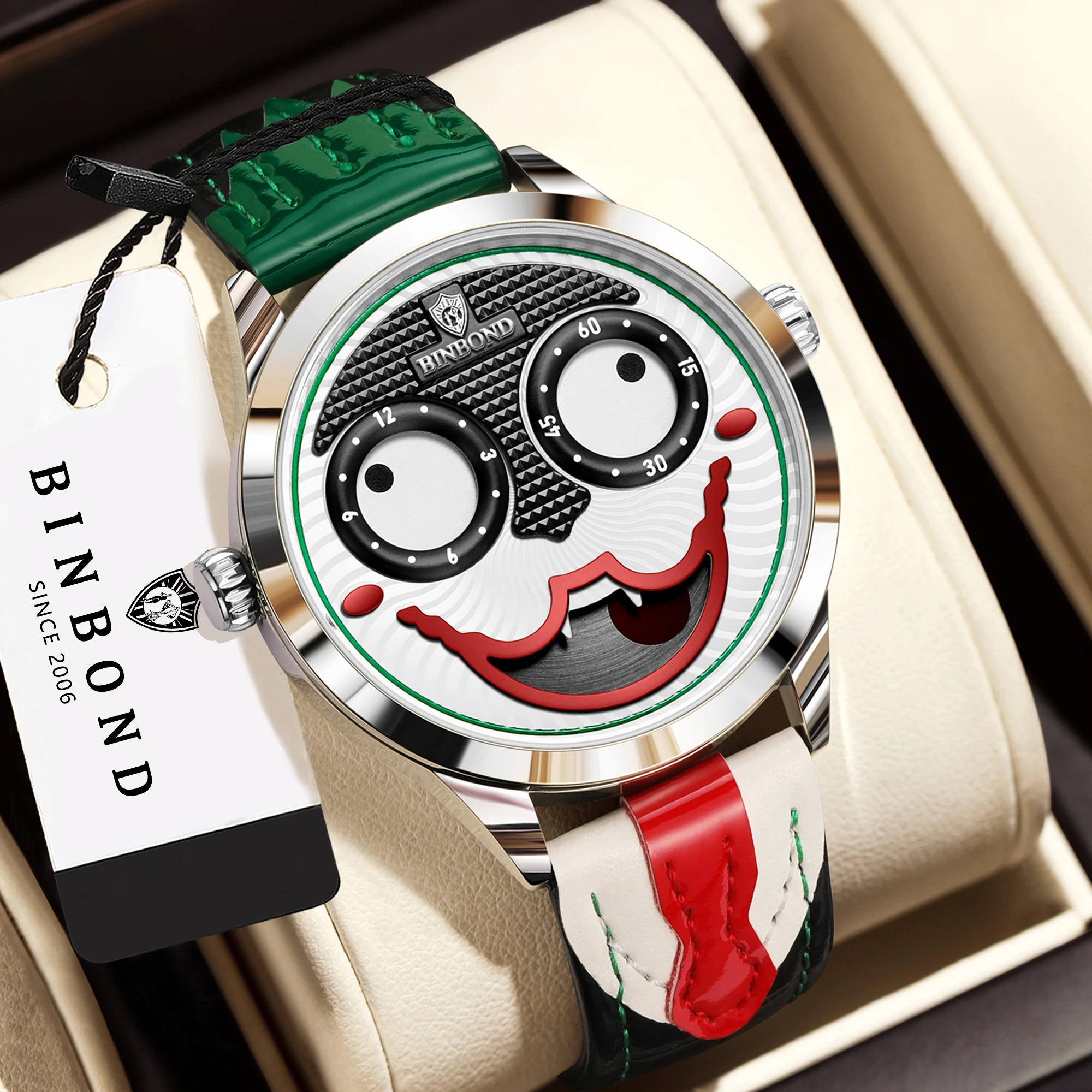 BINBOND Men's Watch Precise Quartz Watches For Men Luxury Waterproof Casual Sturdy Leather Wristwatches Clown Face Reloj