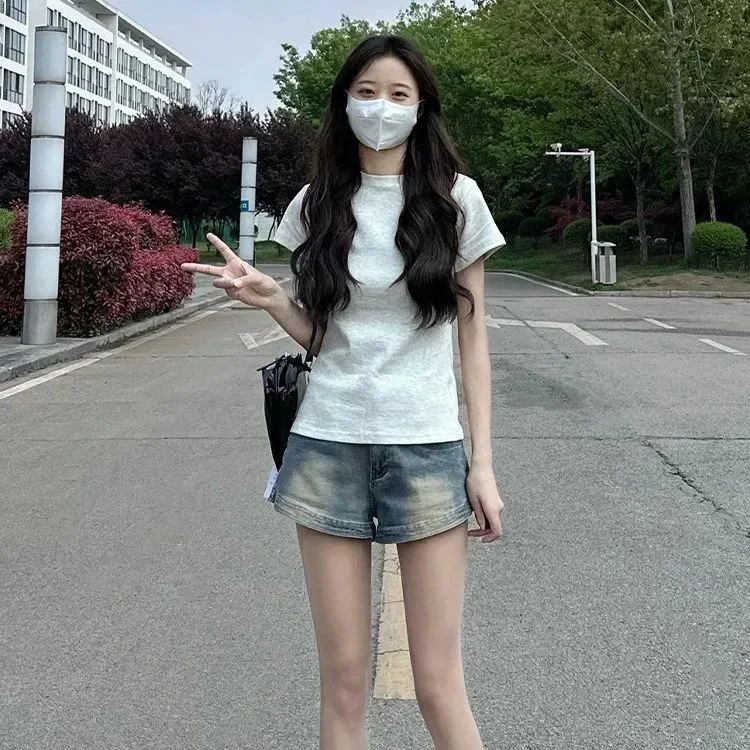

Distressed vintage jeans for women, spring/summer, trendy wide-leg slimming shorts, thin high-waisted straight A-line pants