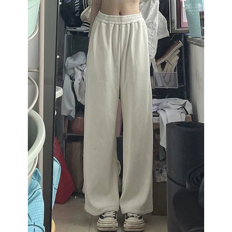 Witte Fce gevoerde losse sportbroek met wijde pijpen voor dames Hoge taille Lange rechte broek Sexy meisjes casual broek