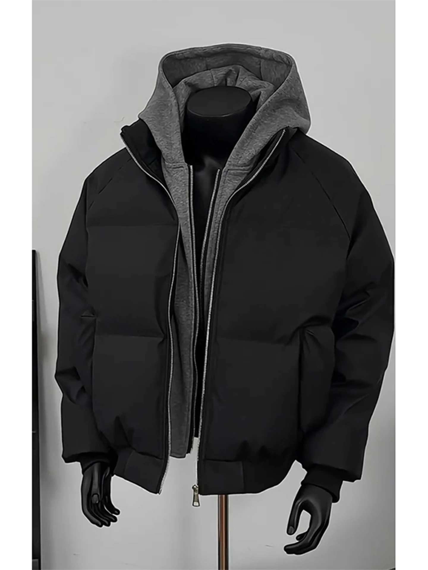 

Black Hooded Thickened Cotton Jacket Men's Winter American Style Short PU Leather Jacket Warm Comfortable Two-Piece Look