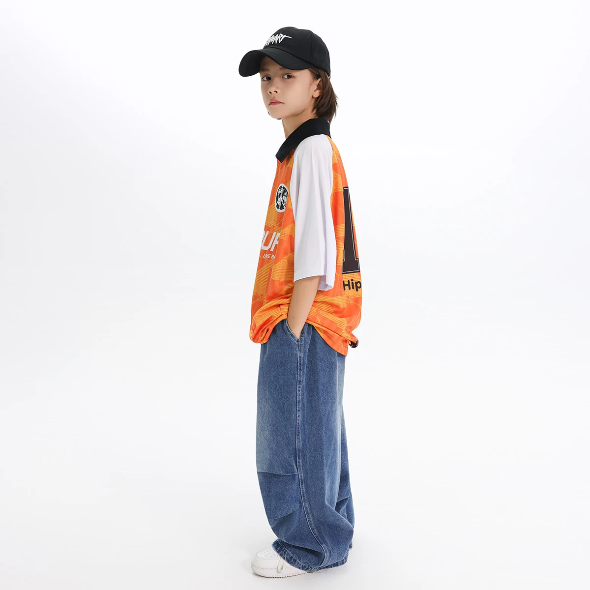 เด็กอินเทรนด์ชุดเต้นรําแจ๊สหลวมกีฬาเสื้อยืดกางเกงยีนส์เด็ก Street Dance Hip Hop Dance Performance เครื่องแต่งกาย DN21237