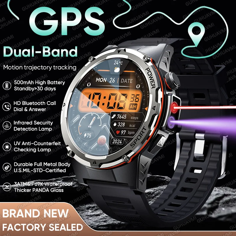 

2025 Dual-Band GPS Rugged Sports Watch Men 3ATM Waterproof Bluetooth Call 500mAh Large Battery Military Smart Watch UV+Infrared
