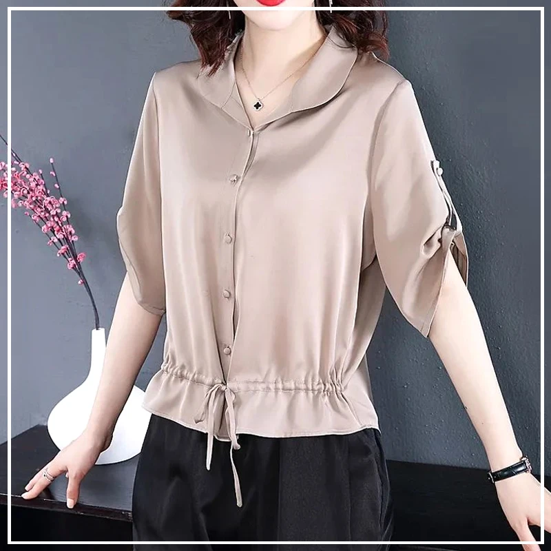 

Summer Temperament Fashion Commuting Simple and Loose Casual Oversize Lapel Waist Collection Solid Color Short Sleeved Shirt