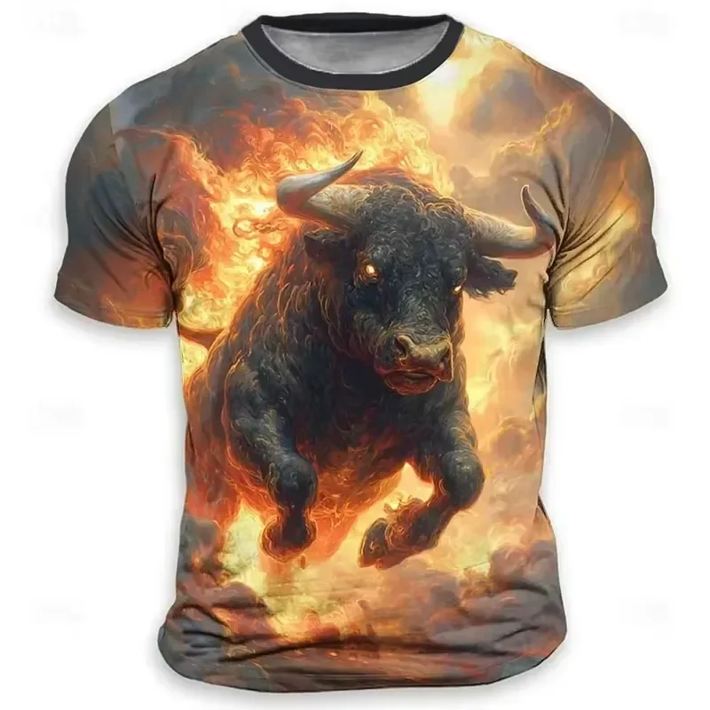 3D Digital Print Men T Shirt 2026 Bull Pattern Short Sleeve Round Neck Casual Summer Top Fashion Streetwear Tee