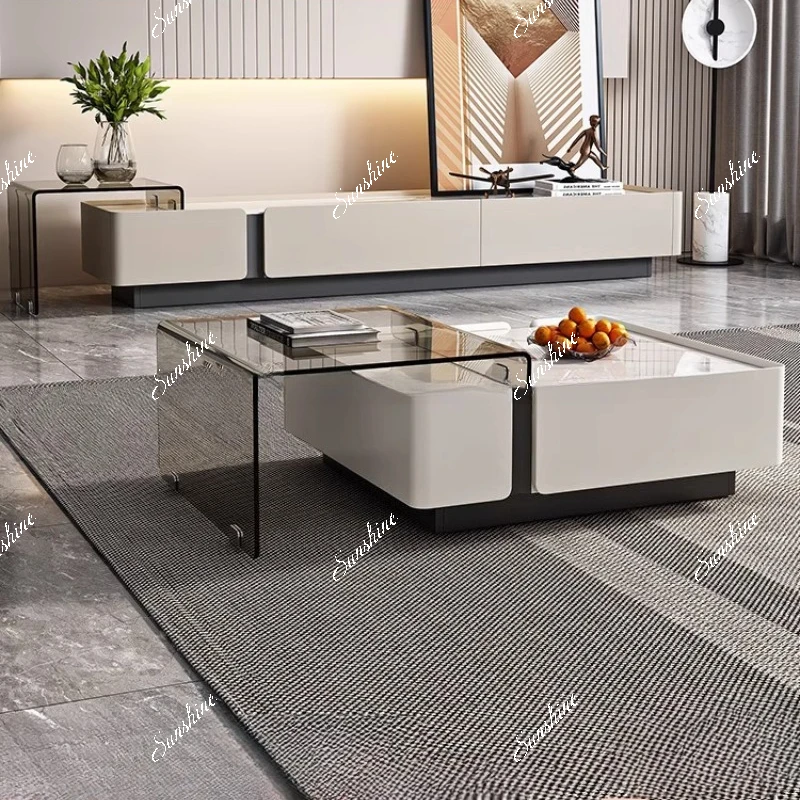 

Rock slab coffee table TV cabinet combination modern simple household small apartment living room retractable cabinet