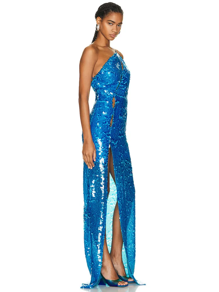 Vestido largo de lentejuelas de un hombro para mujer, traje de lujo Sexy, malla recortada, azul, Maxi, elegante, celebridad, fiesta nocturna, Club