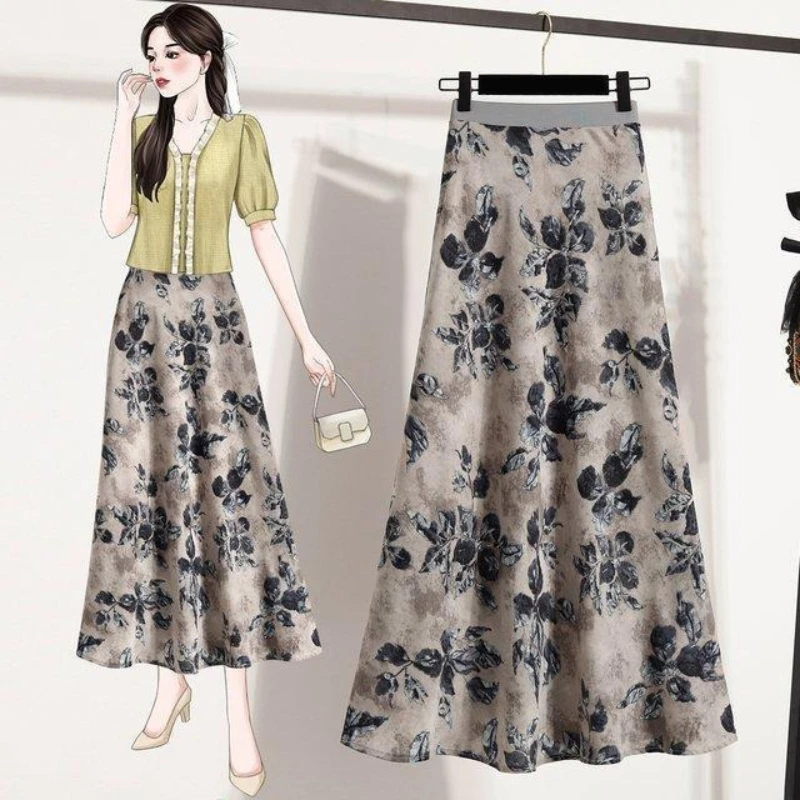 

Новая универсальная повседневная модная женская длинная юбка-полусолнце с эластичным поясом, боковой молнией и ретро-принтом «рыбий хвост» на лето 2026 года