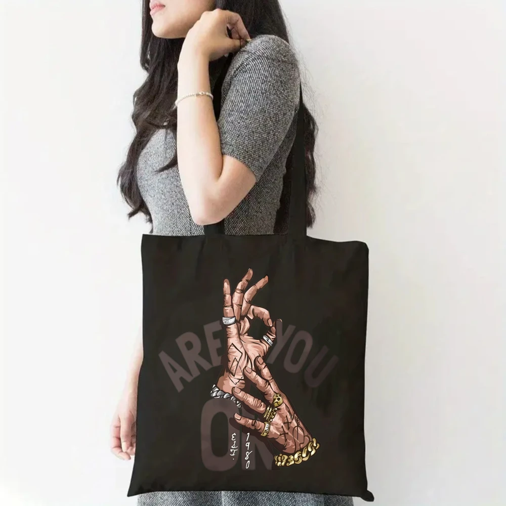 Womens Handbag Top Clenched Hands Silhouette Tattoo Pattern Overlay Cuban Chain Cross Pendant Printed Solid Black Backdrop