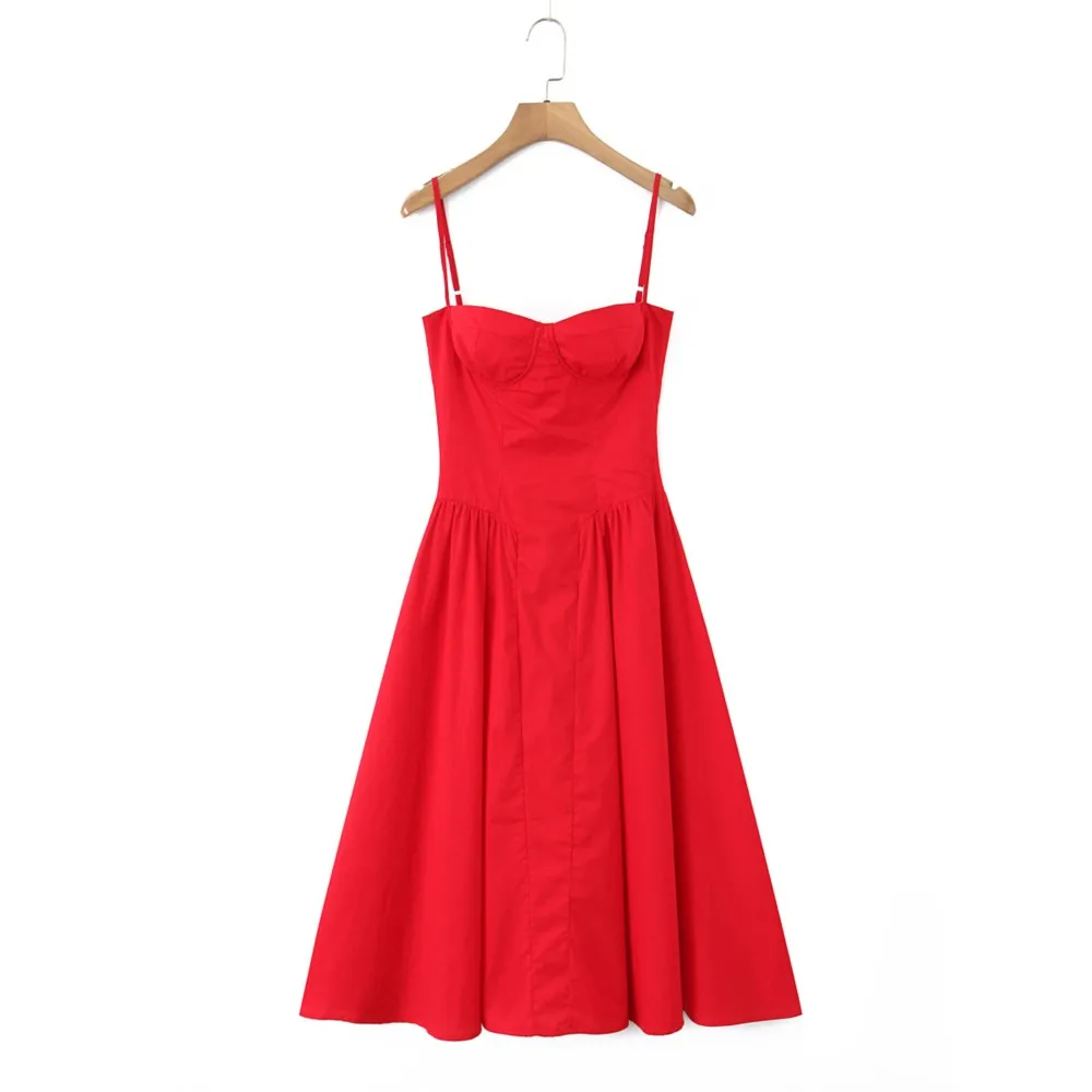 2025 حمالة صدر حمراء رومانسية مع سلك مشد نمط منخفضة الخصر Ruched مطوي سوينغ ميدي فستان المرأة مثير الصيف حبال فساتين رداء طويل